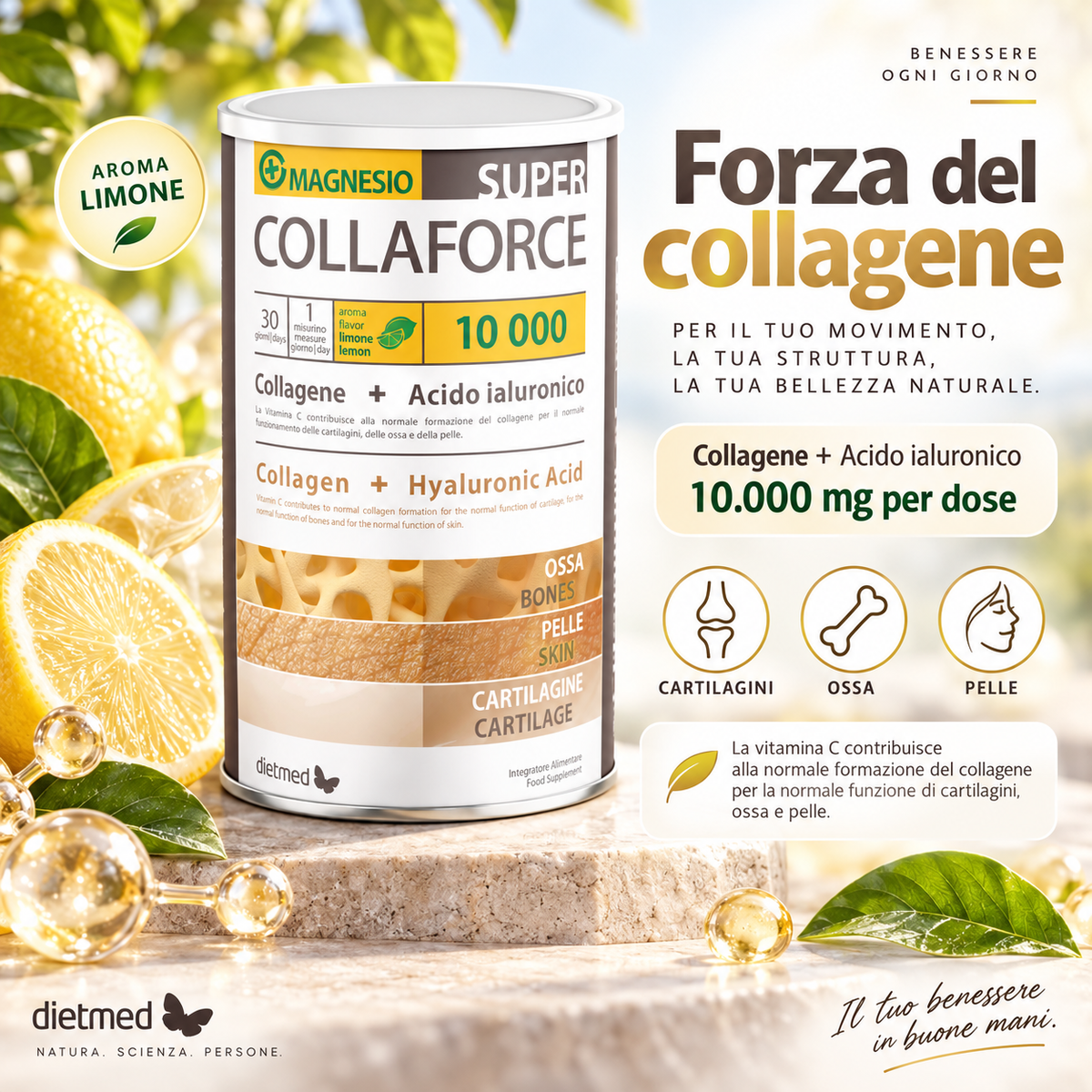 Dietmed Collaforce Super 10.000 con collagene idrolizzato, acido ialuronico, vitamina C, vitamina D e magnesio
