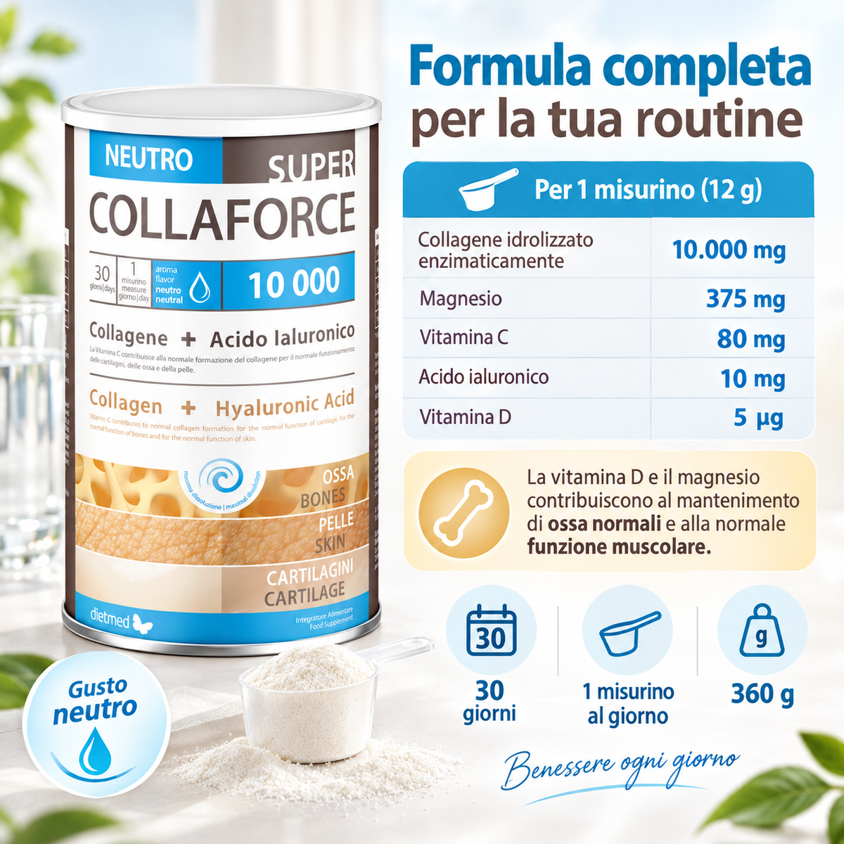 Dietmed Collaforce Super 10.000 formula completa con collagene, magnesio, vitamina C, acido ialuronico e vitamina D