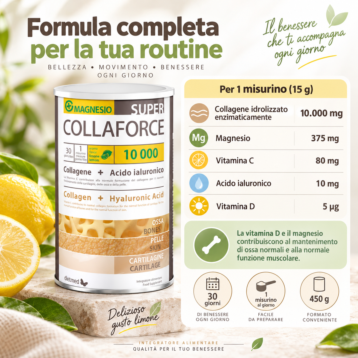 Dietmed Collaforce Super 10.000 formula con 10.000 mg di collagene, 375 mg di magnesio e vitamina C