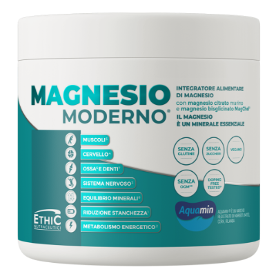 Confezione di EthicSport Magnesio Moderno 300 g – integratore in polvere di magnesio citrato marino e bisglicinato ad alta biodisponibilità, senza glutine e zuccheri