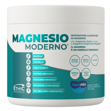 Confezione di EthicSport Magnesio Moderno 300 g – integratore in polvere di magnesio citrato marino e bisglicinato ad alta biodisponibilità, senza glutine e zuccheri