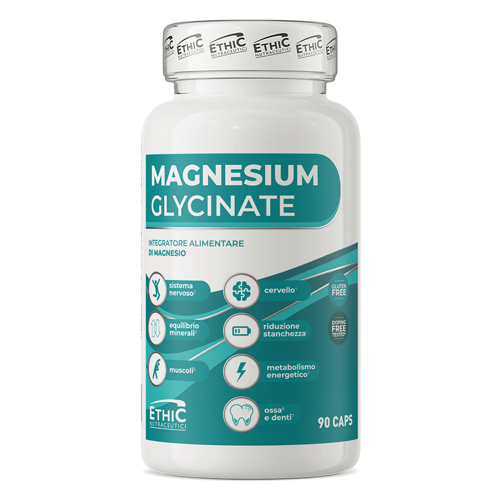 EthicSport Magnesium Glycinate, integratore di magnesio bisglicinato con 400mg di magnesio per dose in barattolo da 90 capsule vegetali.
