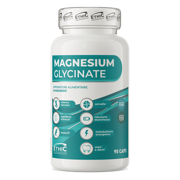 EthicSport Magnesium Glycinate, integratore di magnesio bisglicinato con 400mg di magnesio per dose in barattolo da 90 capsule vegetali.