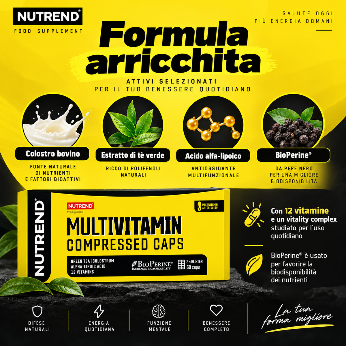 Nutrend Multivitamin Compressed Caps con formula arricchita a base di colostro bovino, estratto di tè verde, acido alfa-lipoico e BioPerine