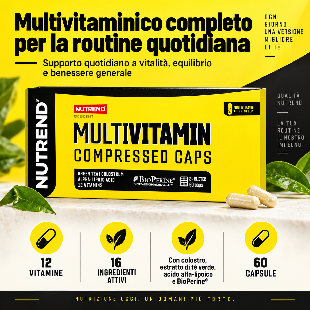 Nutrend Multivitamin Compressed Caps, multivitaminico completo per la routine quotidiana con 12 vitamine, 16 ingredienti attivi e 60 capsule