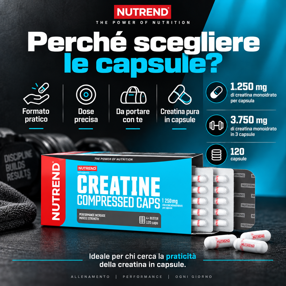 Nutrend Creatine Compressed Caps con 1250 mg di creatina monoidrato per capsula, formato pratico in blister da 120 capsule