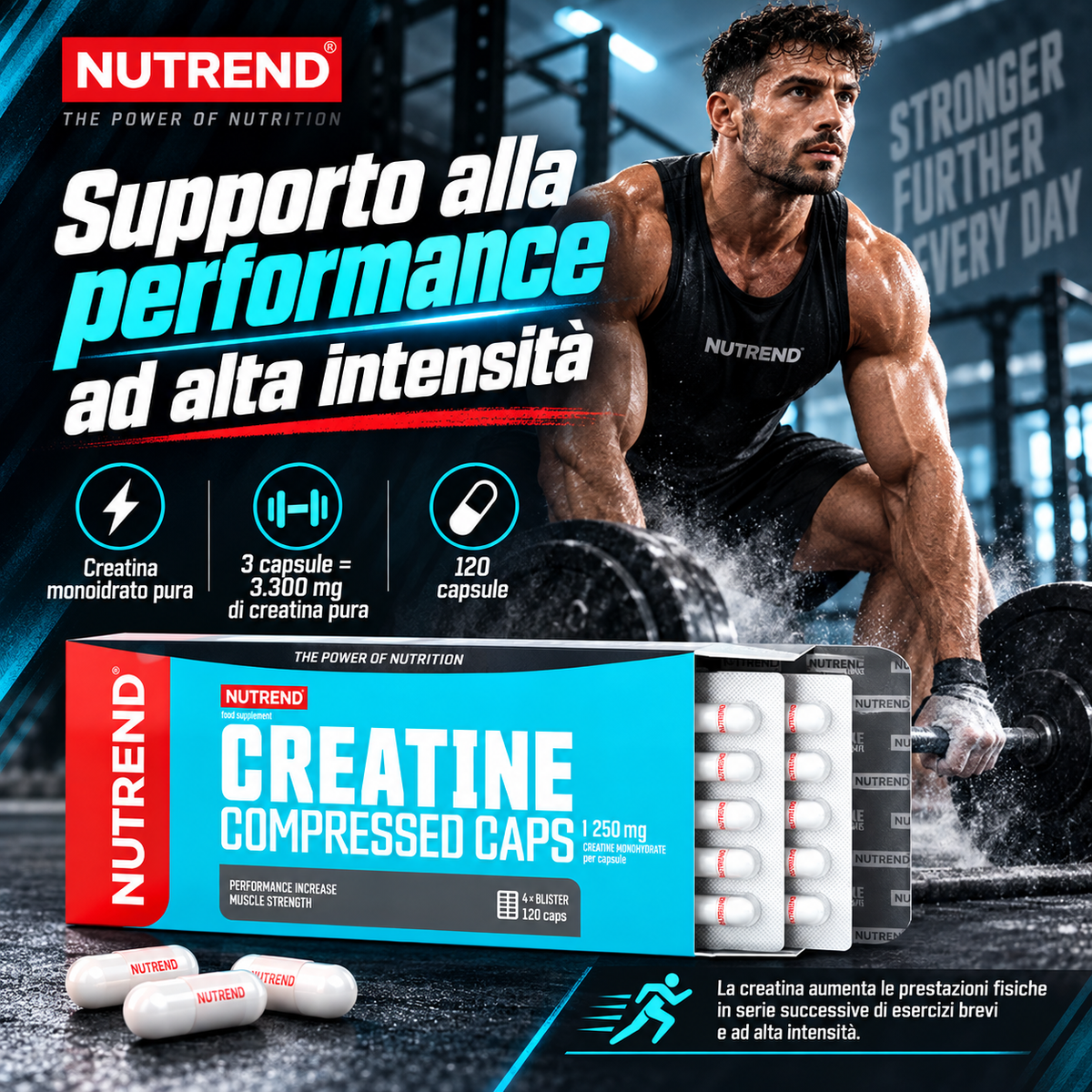 Nutrend Creatine Compressed Caps con creatina monoidrato per supportare le prestazioni fisiche negli esercizi brevi e ad alta intensità