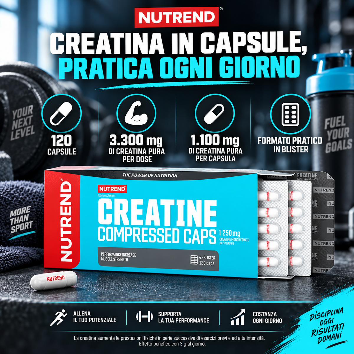 Nutrend Creatine Compressed Caps con creatina monoidrato in capsule, 120 capsule e 3300 mg di creatina pura per dose