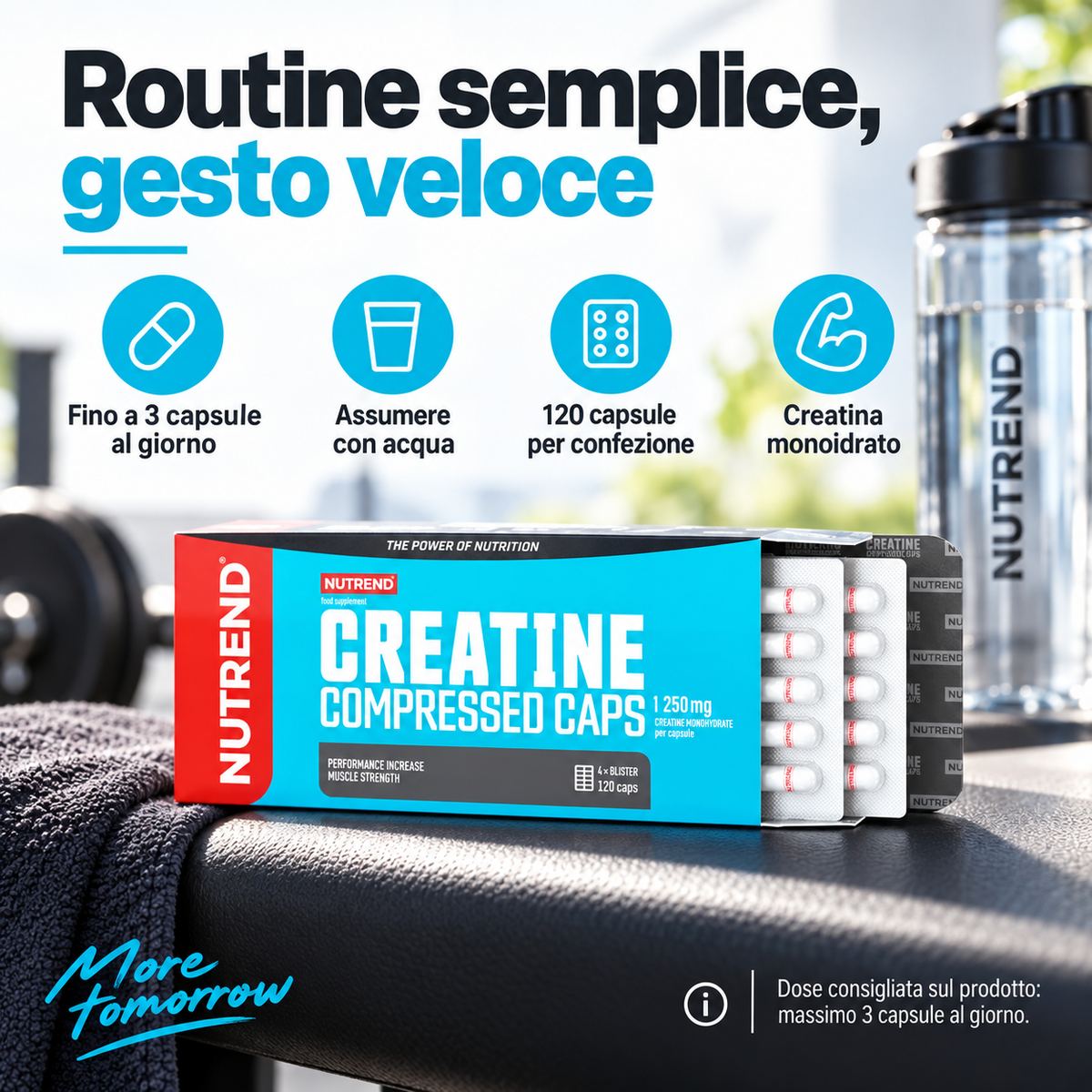 Nutrend Creatine Compressed Caps in pratico formato da 120 capsule, fino a 3 capsule al giorno con acqua