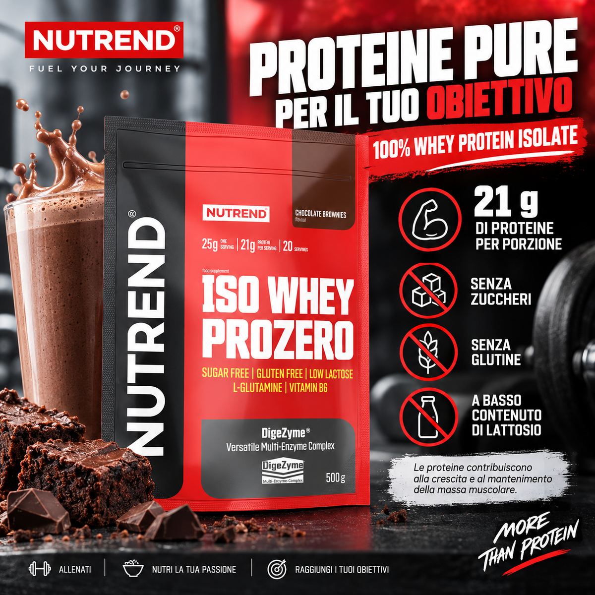 Nutrend Iso Whey Prozero con 21 g di proteine per porzione, senza zuccheri, senza glutine e a basso contenuto di lattosio