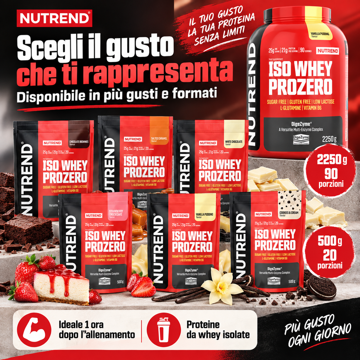 Nutrend Iso Whey Prozero disponibile in più gusti e nei formati 500 g e 2250 g
