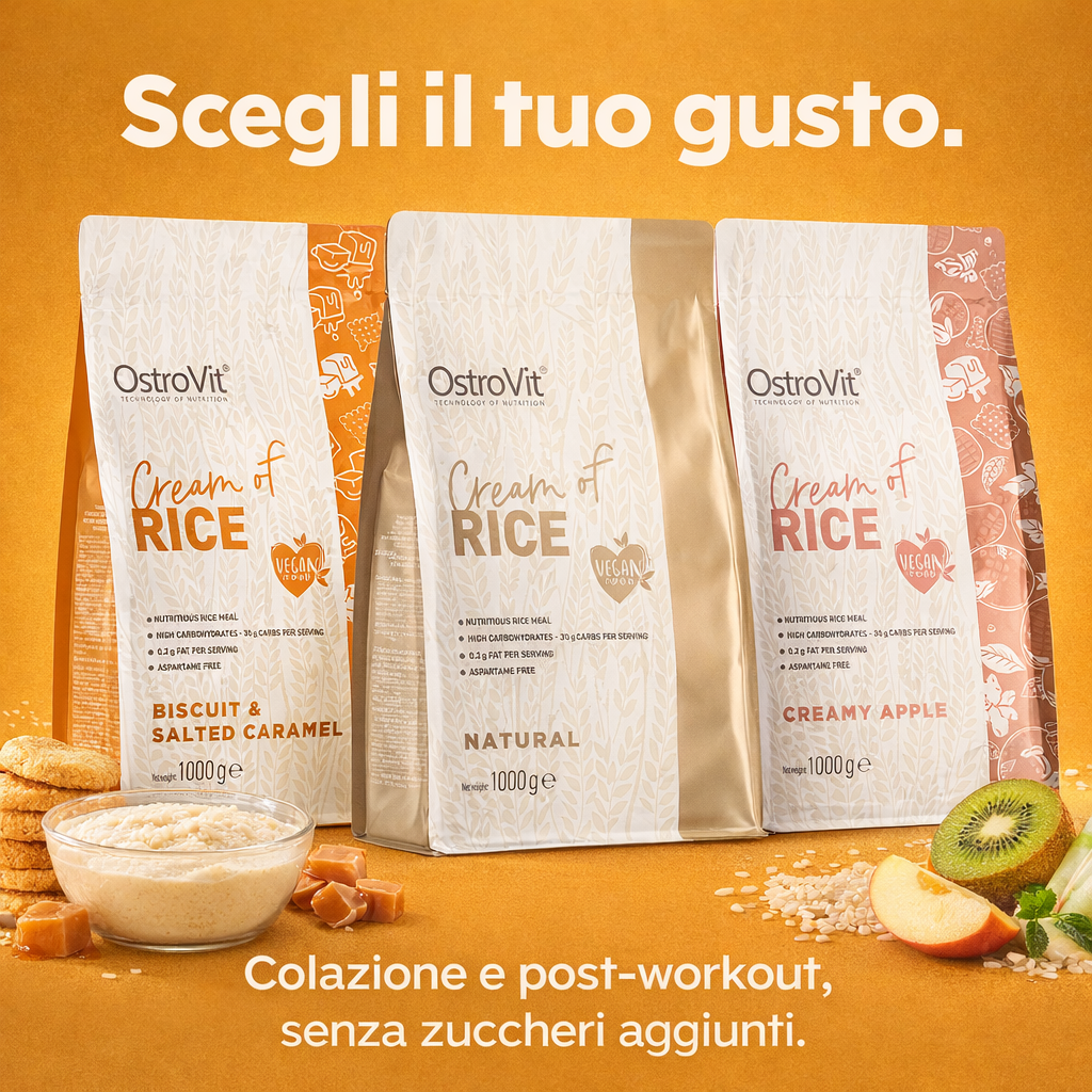 OstroVit Cream of Rice in diversi gusti (biscotto caramello salato naturale e mela) ideale per colazione e post workout senza zuccheri aggiunti