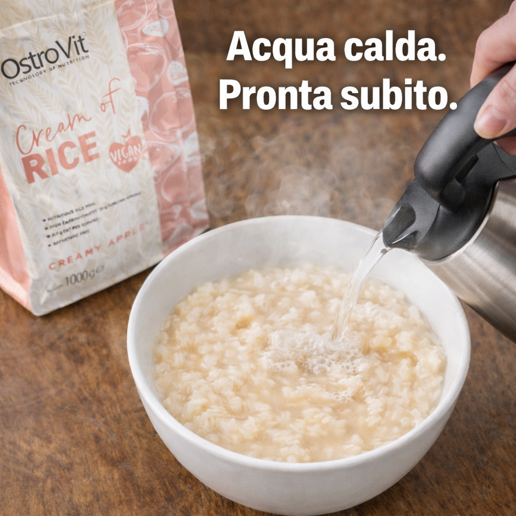 Preparazione di OstroVit Cream of Rice con acqua calda pronta subito cremosa e facile da preparare