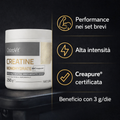 OstroVit Creatina Monoidrato Creapure® con infografica benefici su performance nei set brevi, alta intensità e creatina certificata