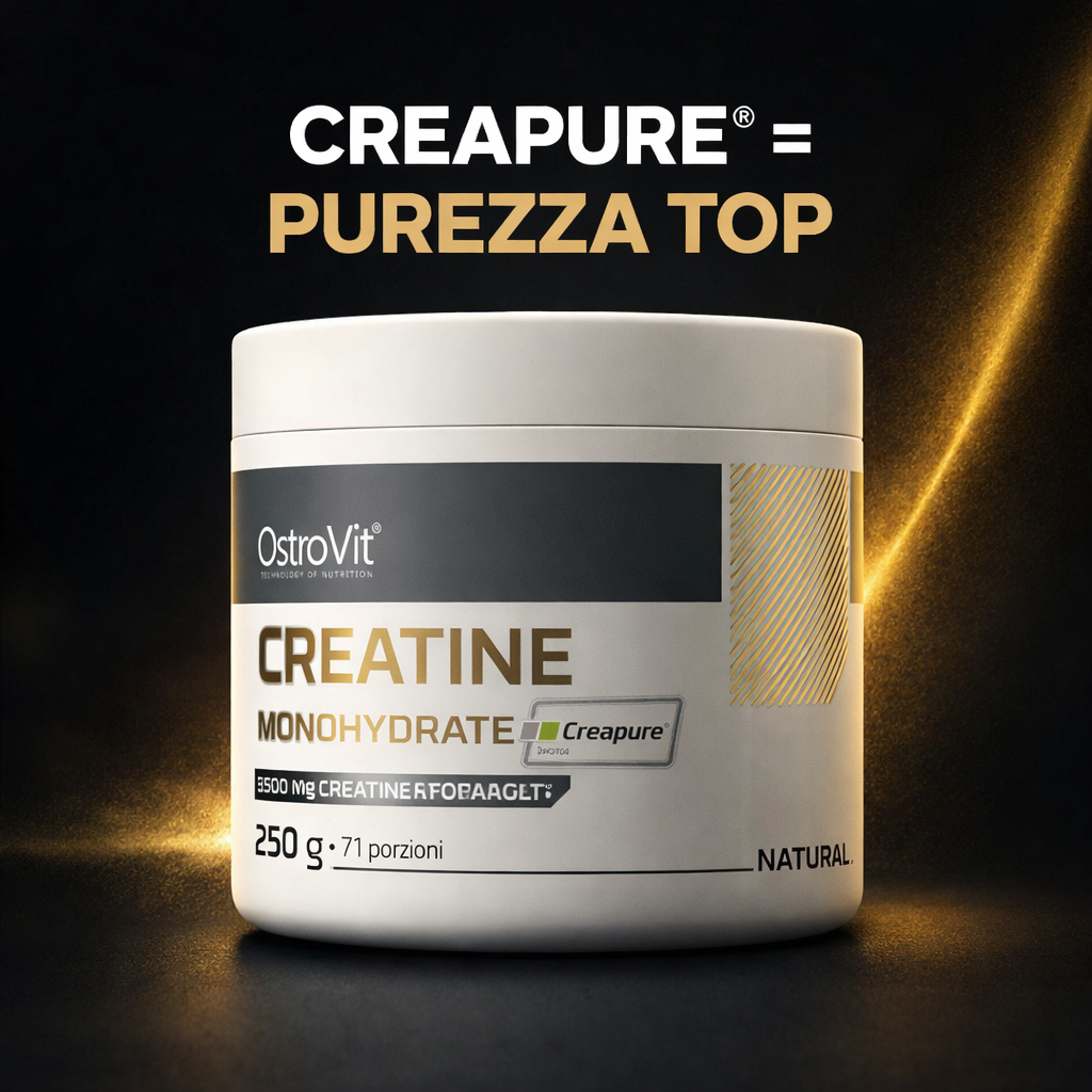 Barattolo di OstroVit Creatina Monoidrato Creapure® 250 g su sfondo scuro premium con accenti dorati, creatina certificata ad alta purezza