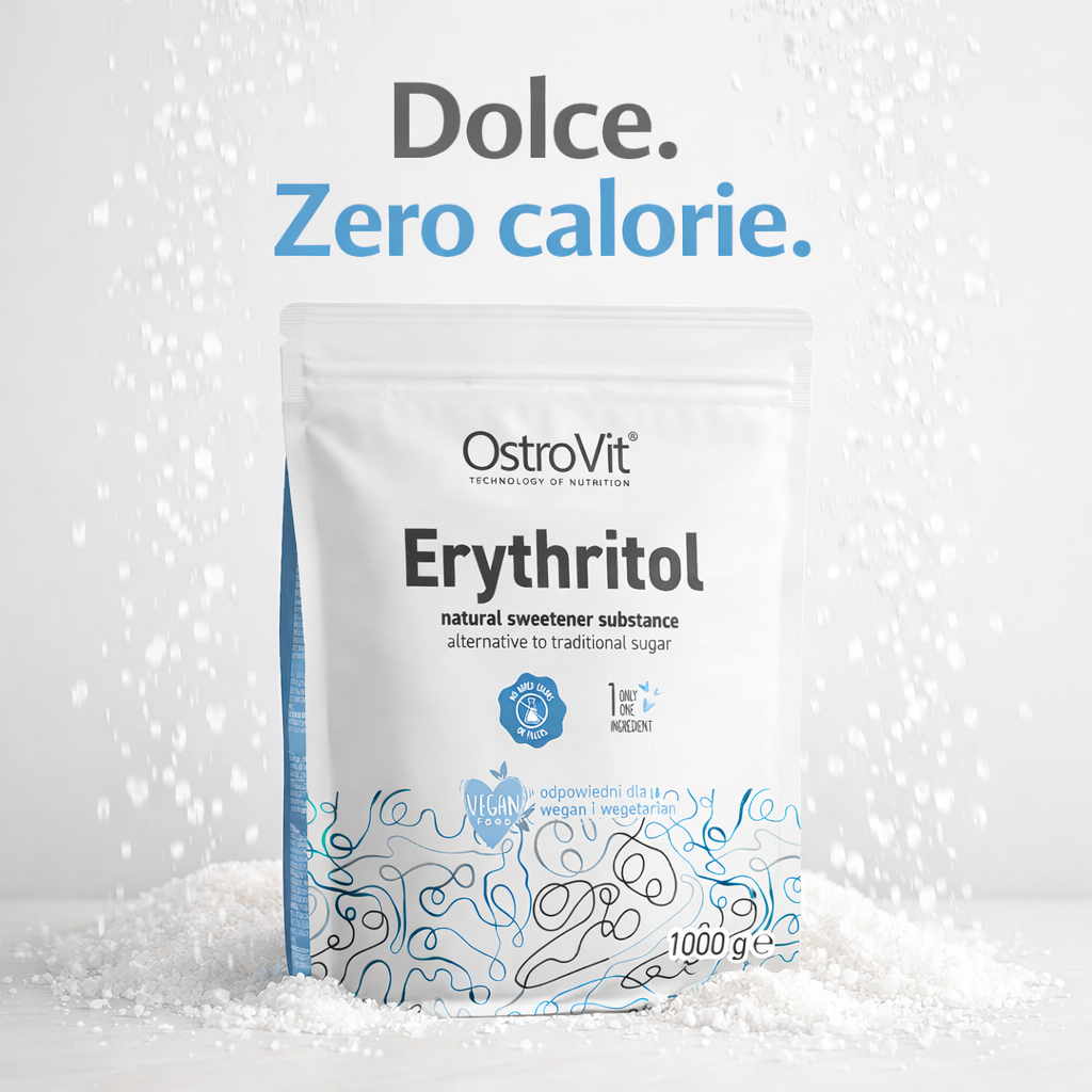 Visual promozionale OstroVit Eritritolo 1000g, dolce e zero calorie, alternativa allo zucchero per dieta keto e low carb
