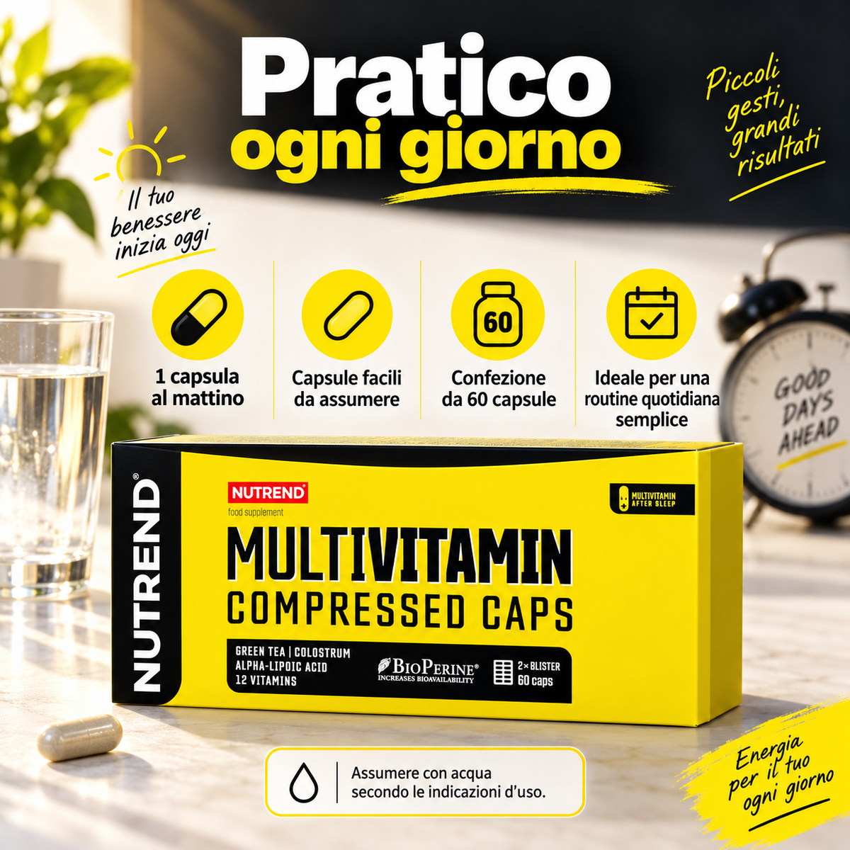 Nutrend Multivitamin Compressed Caps pratico per l’uso quotidiano, 1 capsula al mattino, confezione da 60 capsule facile da assumere
