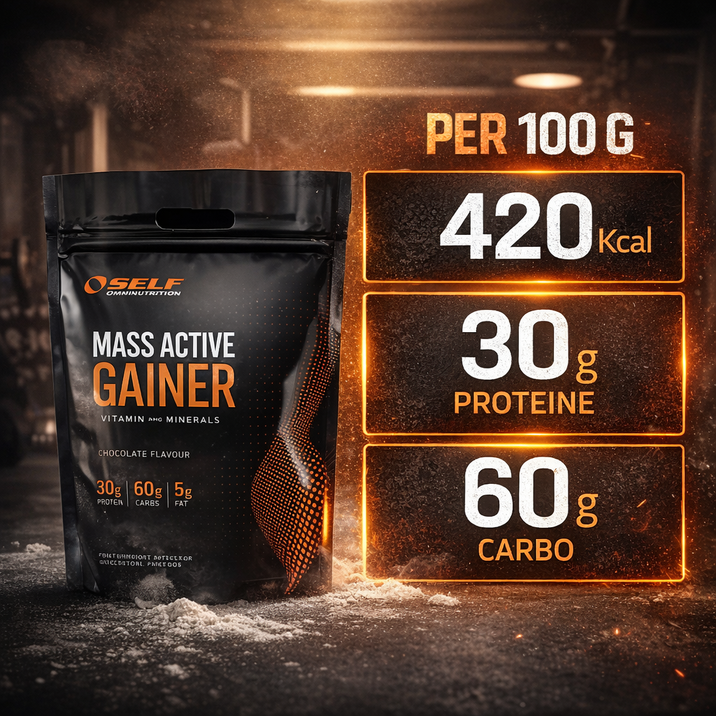 Valori nutrizionali Mass Active Gainer per 100g 420 kcal 30g proteine 60g carboidrati