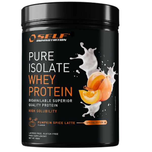 Barattolo di proteine del siero del latte isolate marca Self Omninutrition pure all'88% gusto zucca cannella e latte