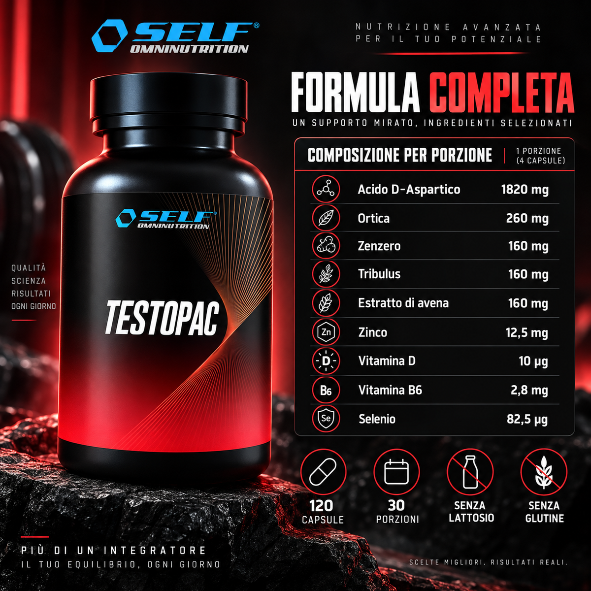 Self Testopac formula completa con acido D-aspartico, ortica, zenzero, tribulus, avena, zinco, vitamina D, vitamina B6 e selenio