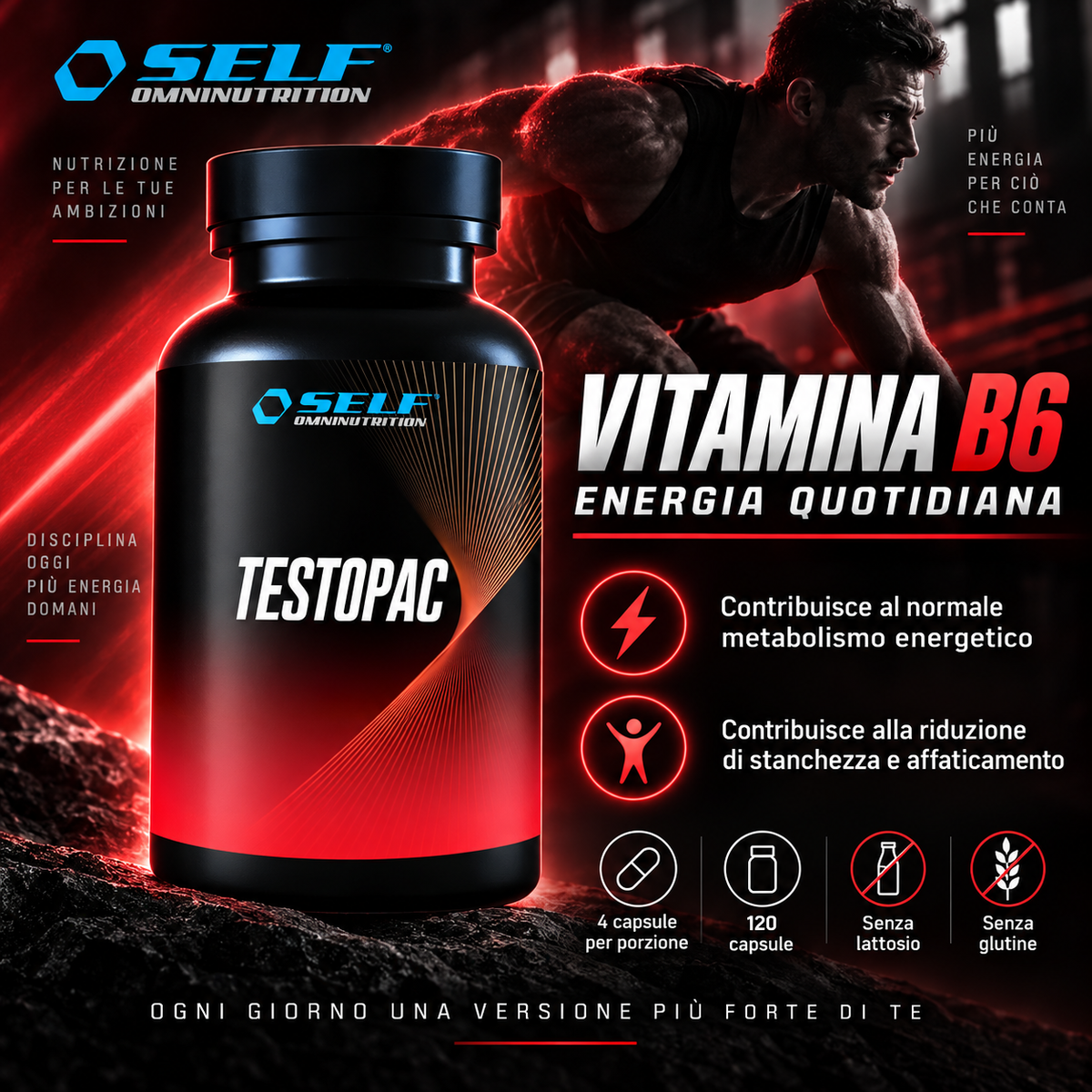 Self Testopac con vitamina B6, integratore alimentare per il normale metabolismo energetico e la riduzione di stanchezza e affaticamento