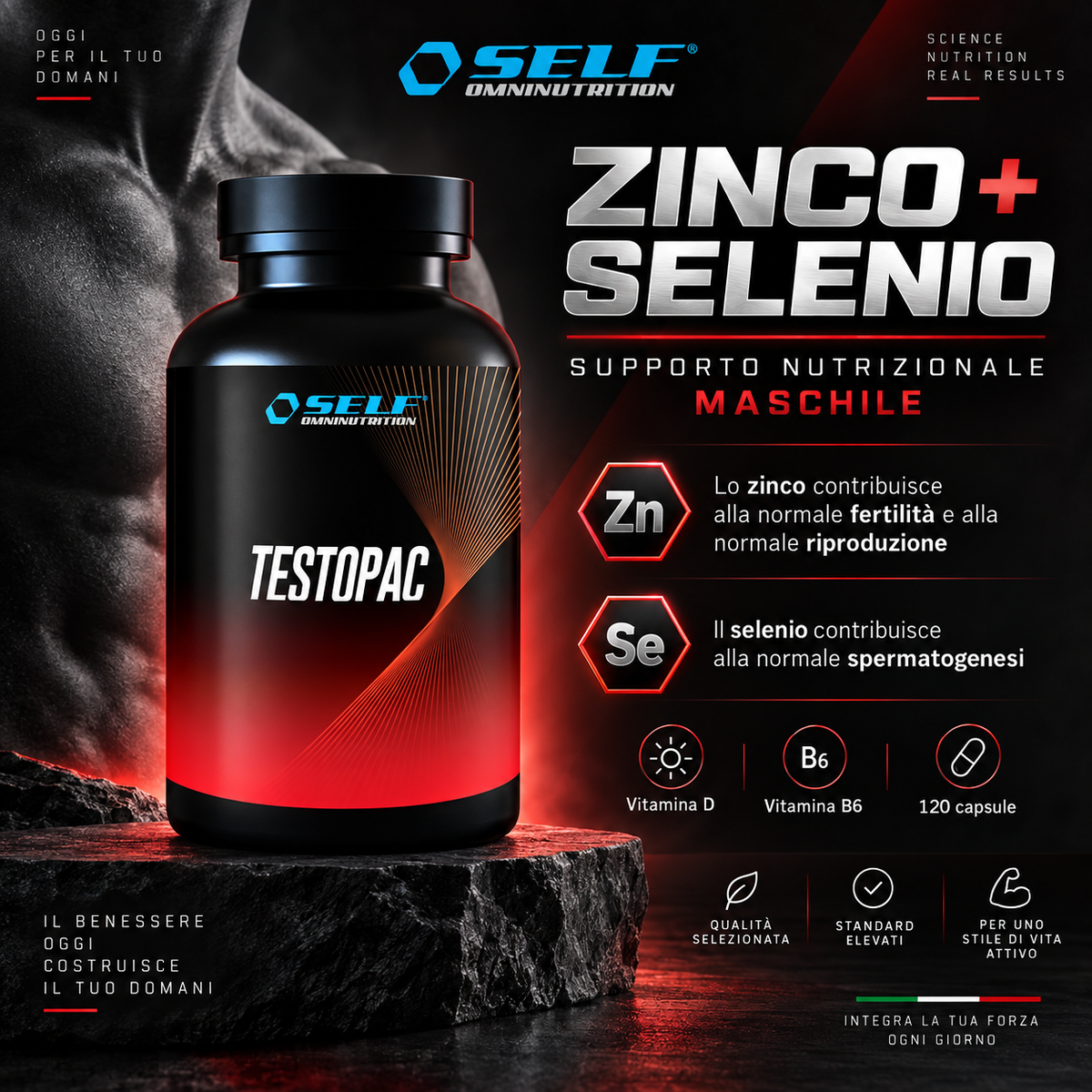 Self Omninutrition Testopac con zinco e selenio, integratore alimentare con vitamina D e vitamina B6
