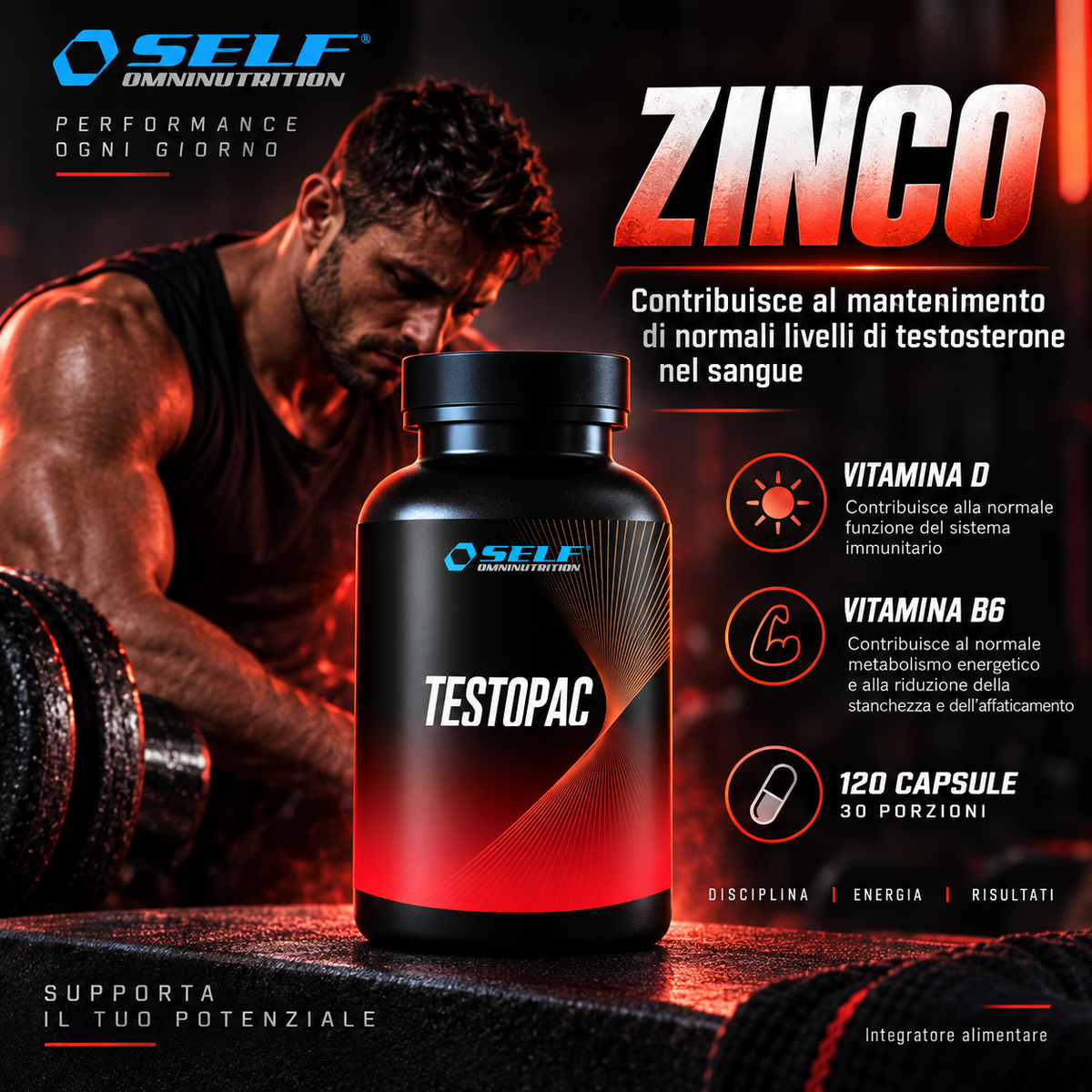 Self Omninutrition Testopac integratore con zinco, vitamina D e vitamina B6, 120 capsule
