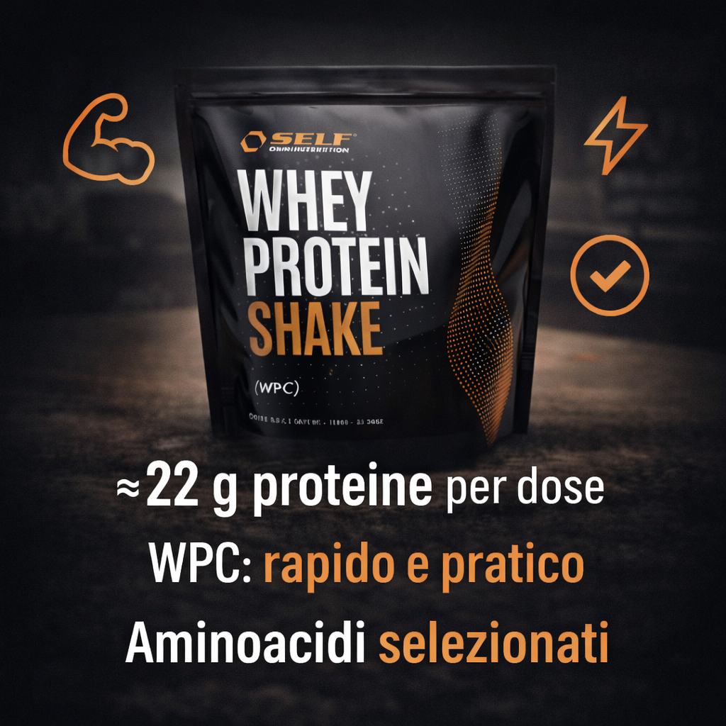 Whey Shake Self 1 kg con evidenza circa 22 g di proteine per porzione e WPC