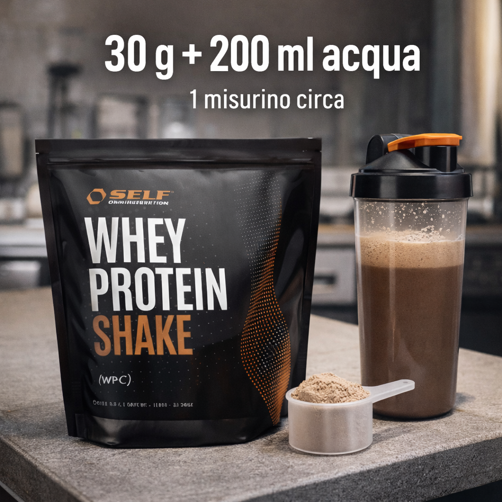 Whey Shake Self 1 kg con misurino e indicazione 30 g in 200 ml di acqua