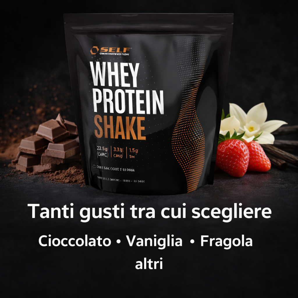 Whey Shake Self 1 kg con gusti assortiti tra cui cioccolato, vaniglia, fragola e altri