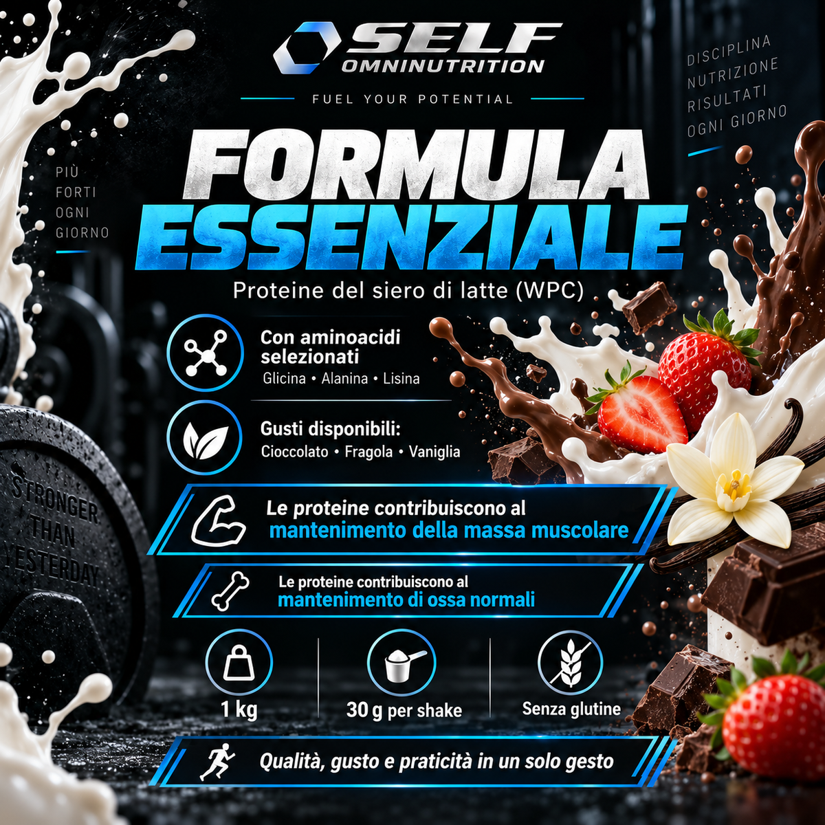 Self Whey Shake formula WPC senza glutine disponibile nei gusti cioccolato, fragola e vaniglia