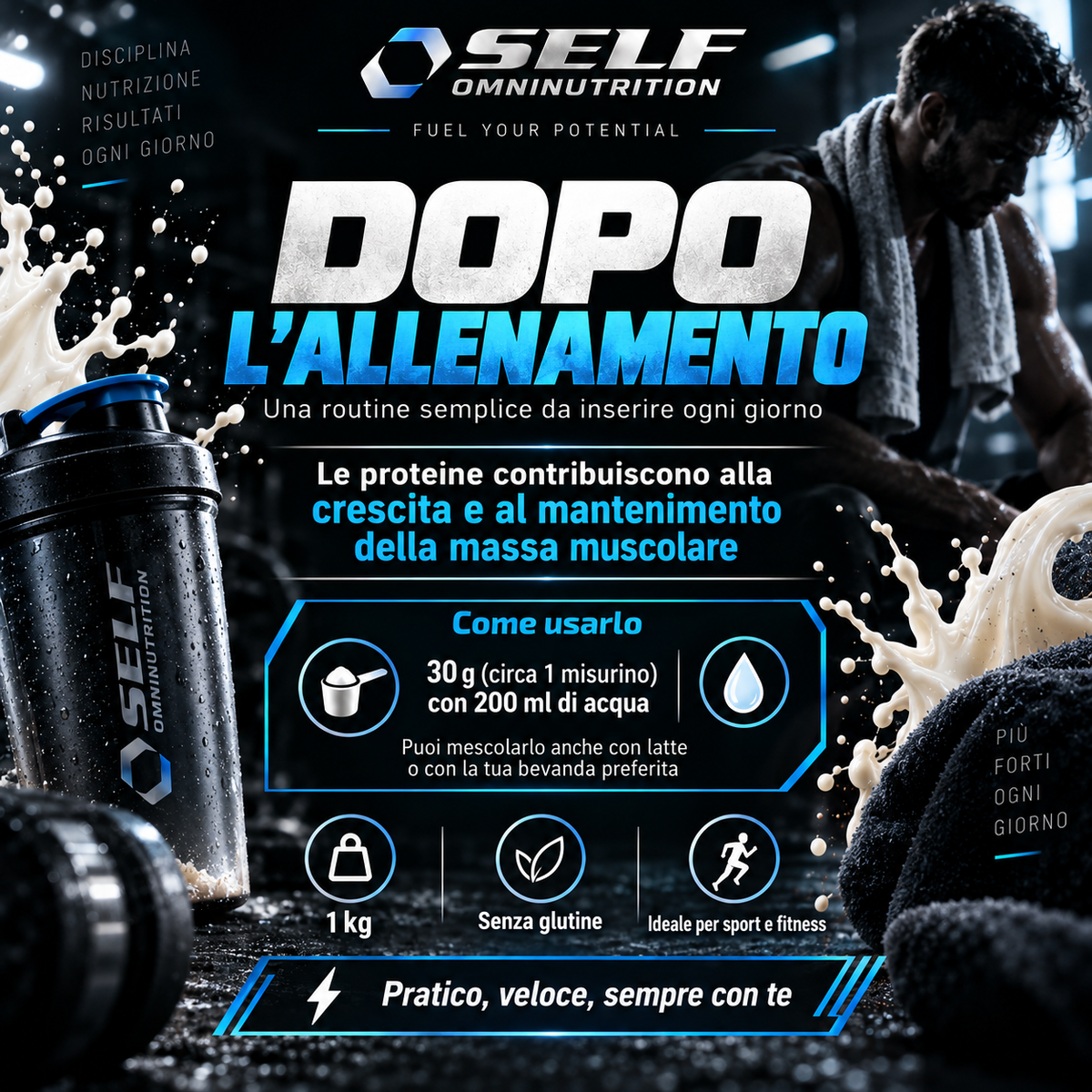 Self Whey Shake 1 kg, proteine whey da assumere dopo l’allenamento con dose da 30 g