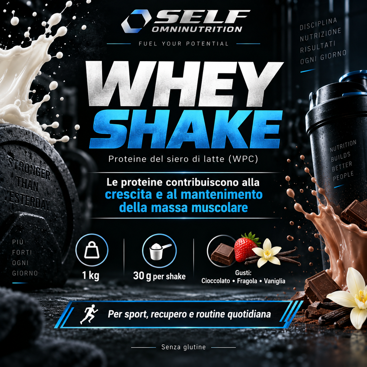 Self Omninutrition Whey Shake proteine del siero di latte WPC per crescita e mantenimento della massa muscolare