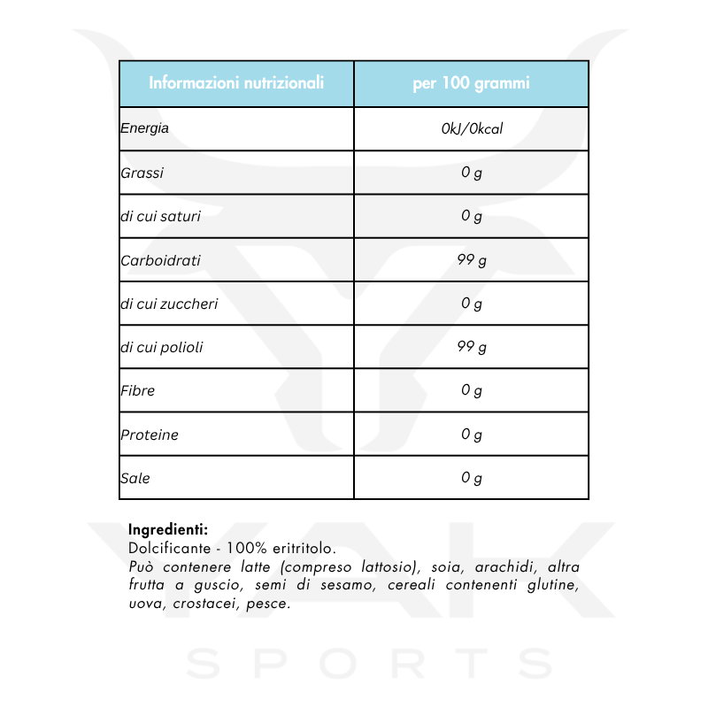 valori nutrizionali Eritritolo 1000g - YakSports