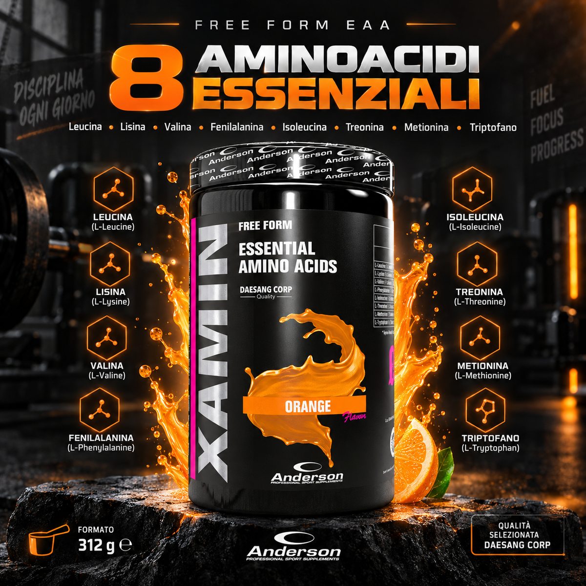 Xamin Anderson aminoacidi essenziali in polvere gusto arancia con focus sui 8 aminoacidi essenziali