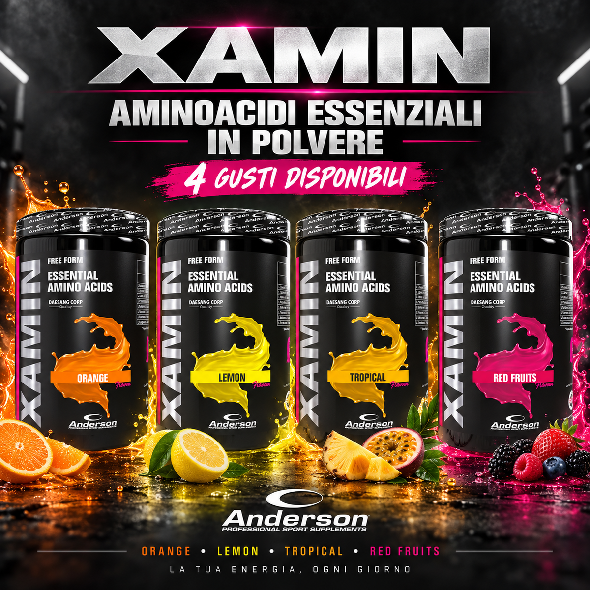 Xamin aminoacidi essenziali in polvere Anderson con 4 gusti disponibili: orange, lemon, tropical e red fruits
