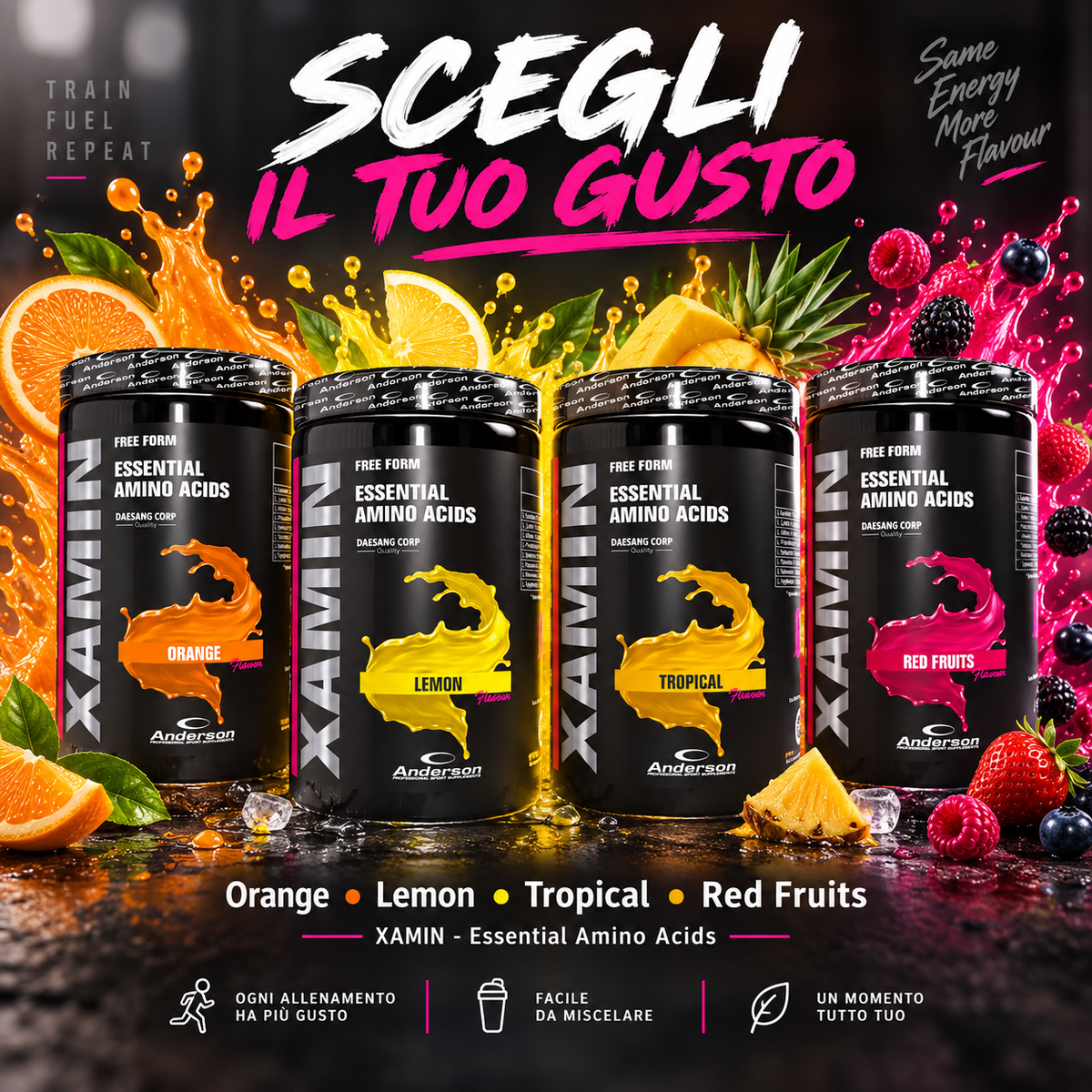 Xamin Anderson aminoacidi essenziali in polvere disponibili nei gusti orange lemon tropical e red fruits
